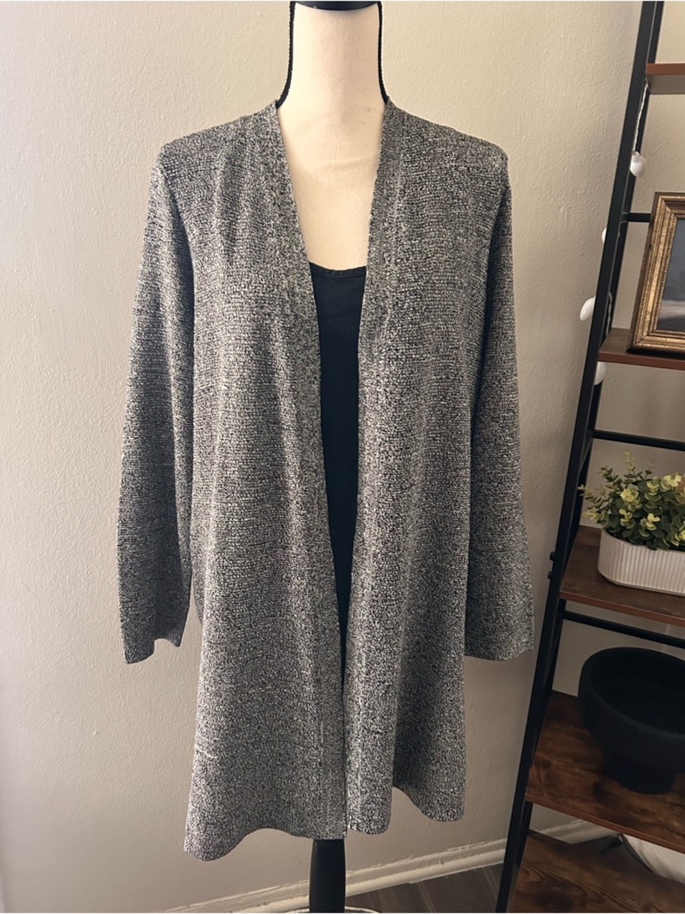 Eileen Fisher Silk and Organic Linen Gray Marled Knit Cardigan Sweater Large